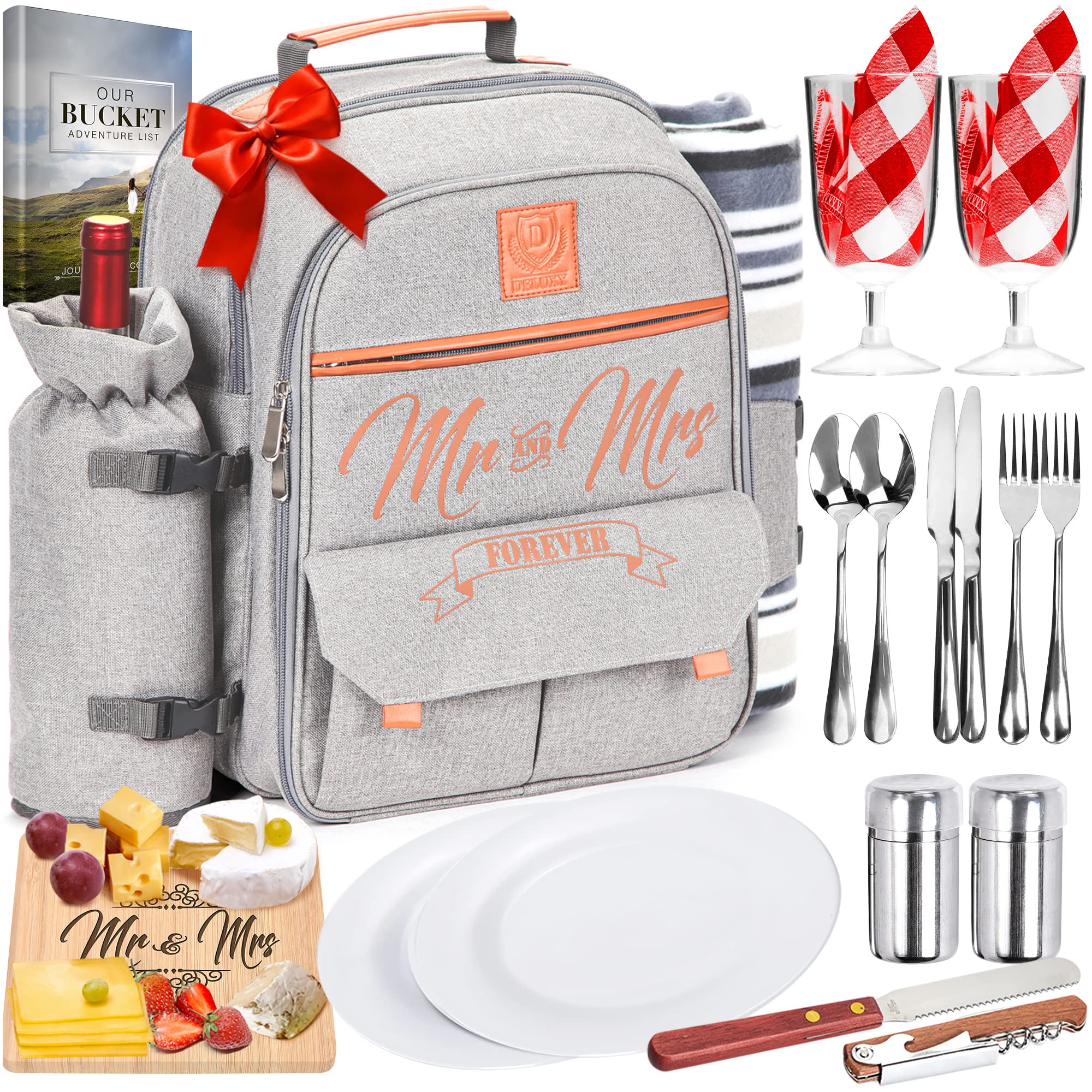 DELUXY Mr & Mrs Picnic Backpack- Wedding Gifts For Couple 2021, Cute Bridal Shower Gifts For Bride, Mr and Mrs Gifts, Couples Gifts, Engagement Gifts For Couples Newly Engaged Unique, Anniversary Gift - DELUXY