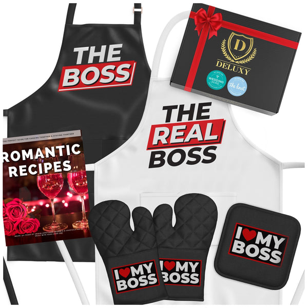 DELUXY The Boss & Real Boss Funny Couples Aprons- Gift For Couples, His and Her, Bridal Shower Gag Gifts, Engagement, Gay, Lesbian Wedding Gifts, Parents Anniversary Present - DELUXY