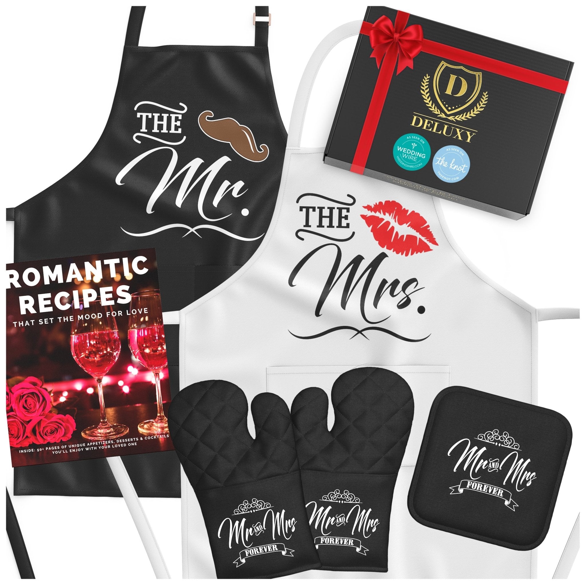 Mr & Mrs. Happy Couple Aprons, Gloves, Mats, Recipe Book, Greeting Card, Perfect Wedding Gifts